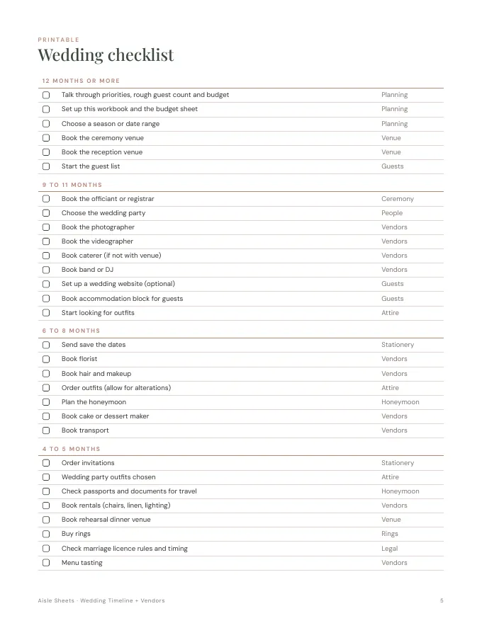 Inside pages of the Wedding Timeline and Vendor Tracker